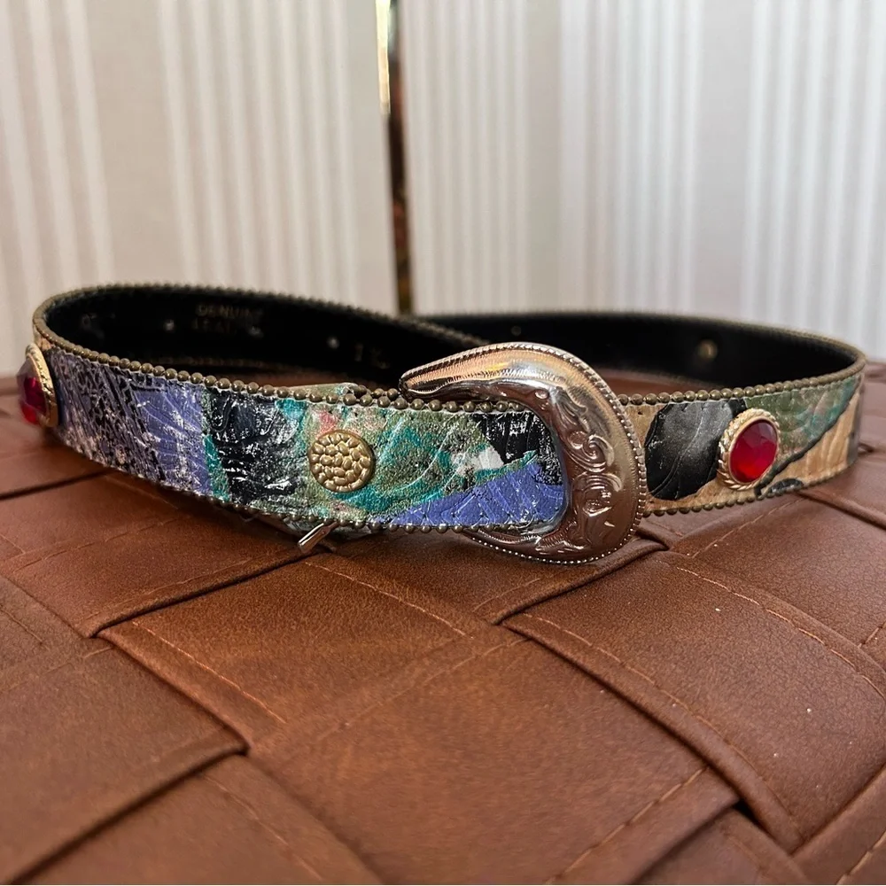 Elite Fresno California Belt Vintage Multicolor Gemstone Gold Beaded Edge Large